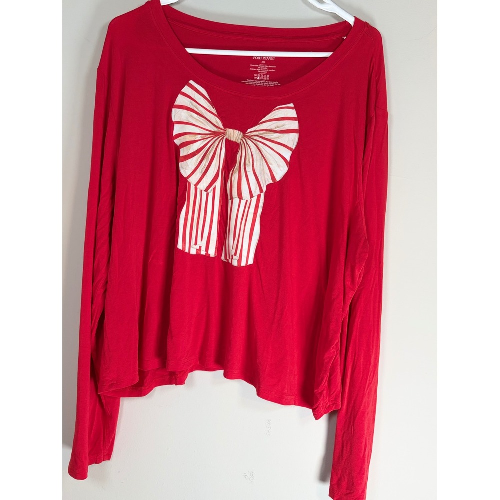 Posh Peanut Red Bamboo Viscose Striped Bow Graphic Long Sleeve Top Womens 2XL